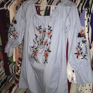 Sky and sparrow off the shoulder dress